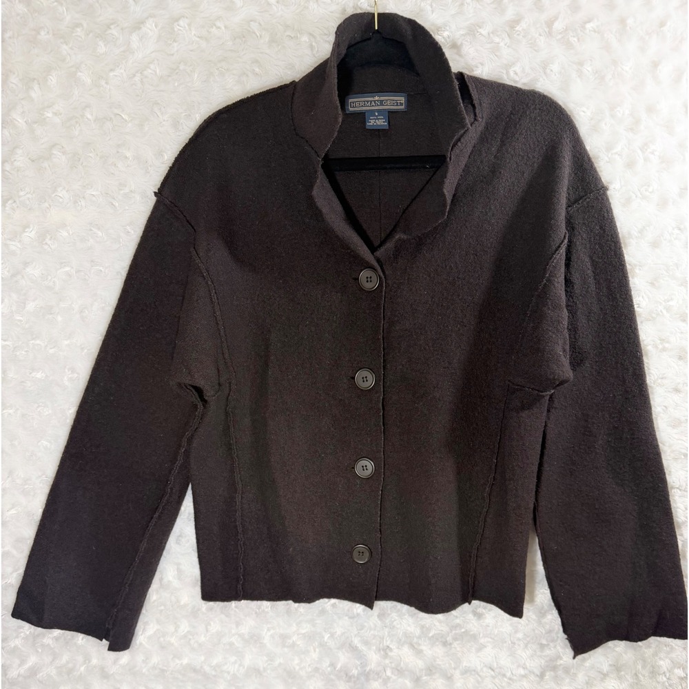 Herman Geist Small Brown 100% Wool Button Front Cardigan Raw Seam Mock Neck